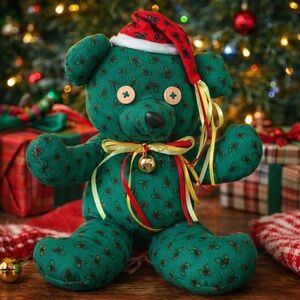 Vintage Christmas Teddy Bear Plush Holly Print Santa Hat‎ Jingle Bell 11”